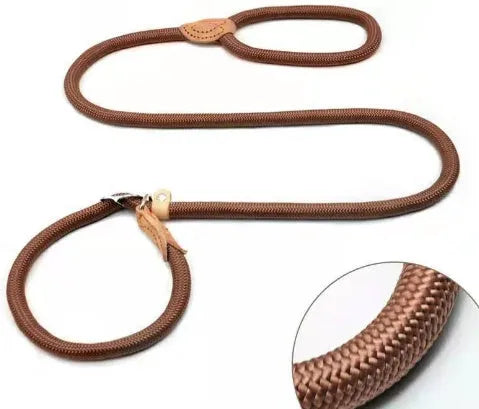 Brown nylon P-chain dog leash measuring 2.1 metres with hand holding rope
