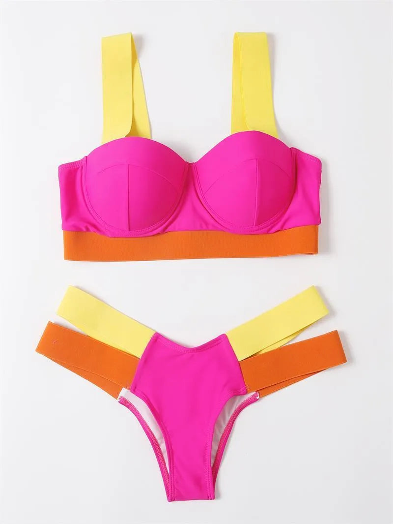 Women's black and blue contrast colour bikini with steel push-up bracket.