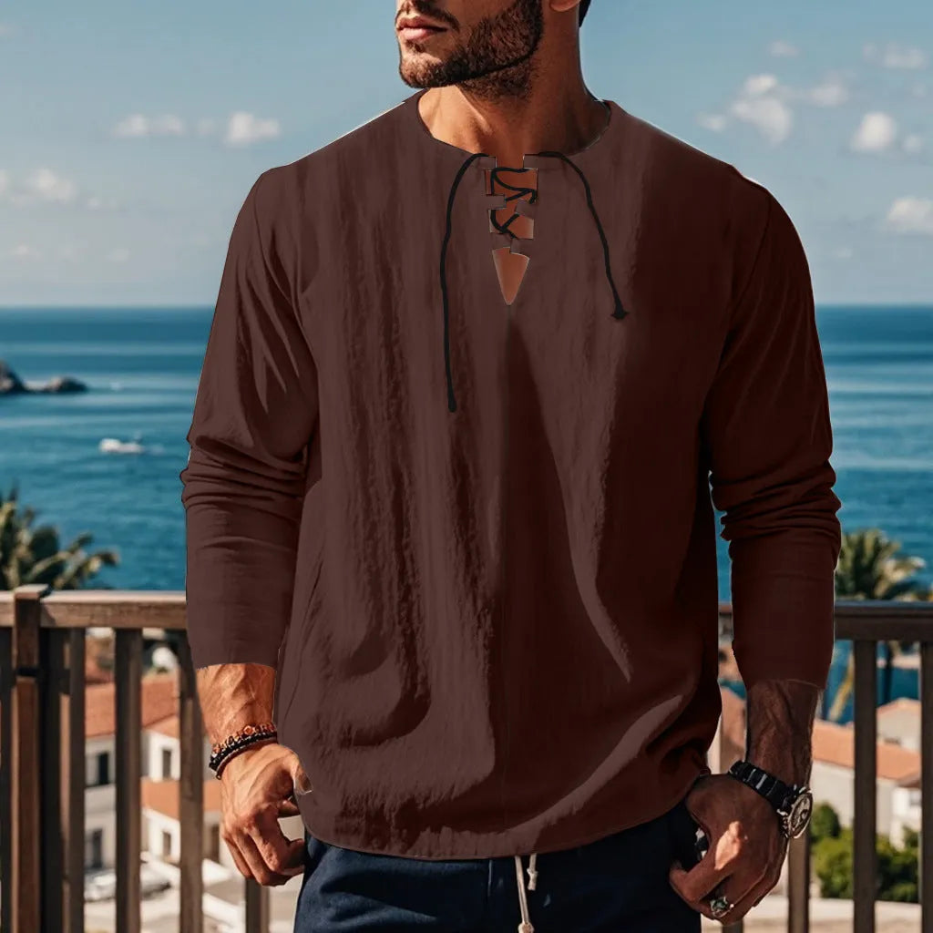 Cotton linen blend beach ruff shirt in loose pullover style available in multiple solid colours