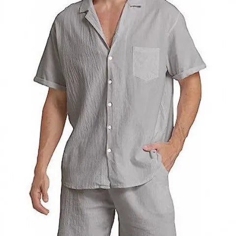 Men's flax linen short-sleeve top and shorts sports suit set on a hanger, shown in army green colour.