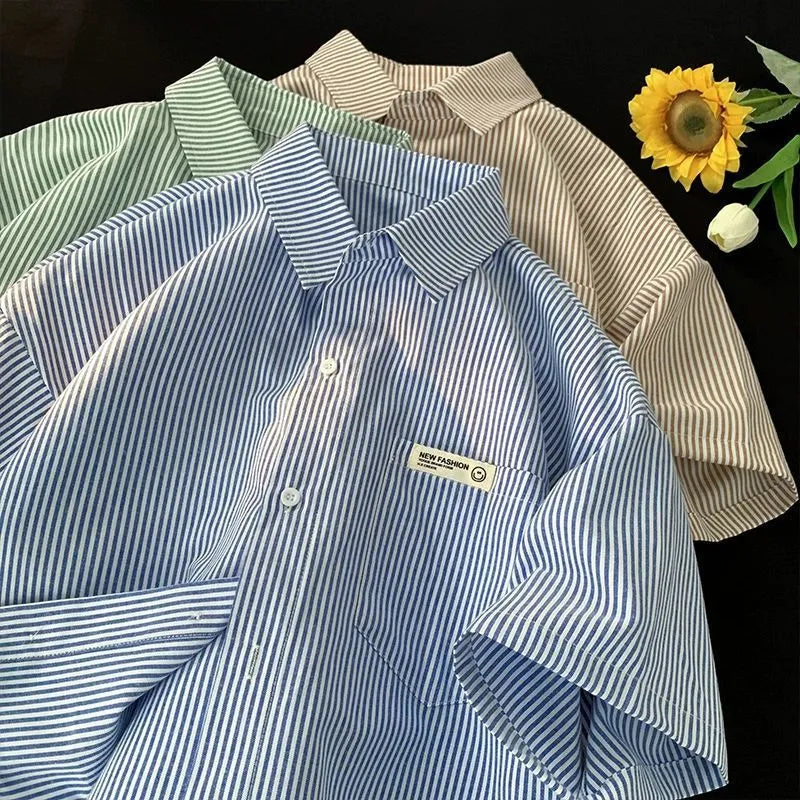 Loose plus size casual half sleeve striped shirt in blue or green colours