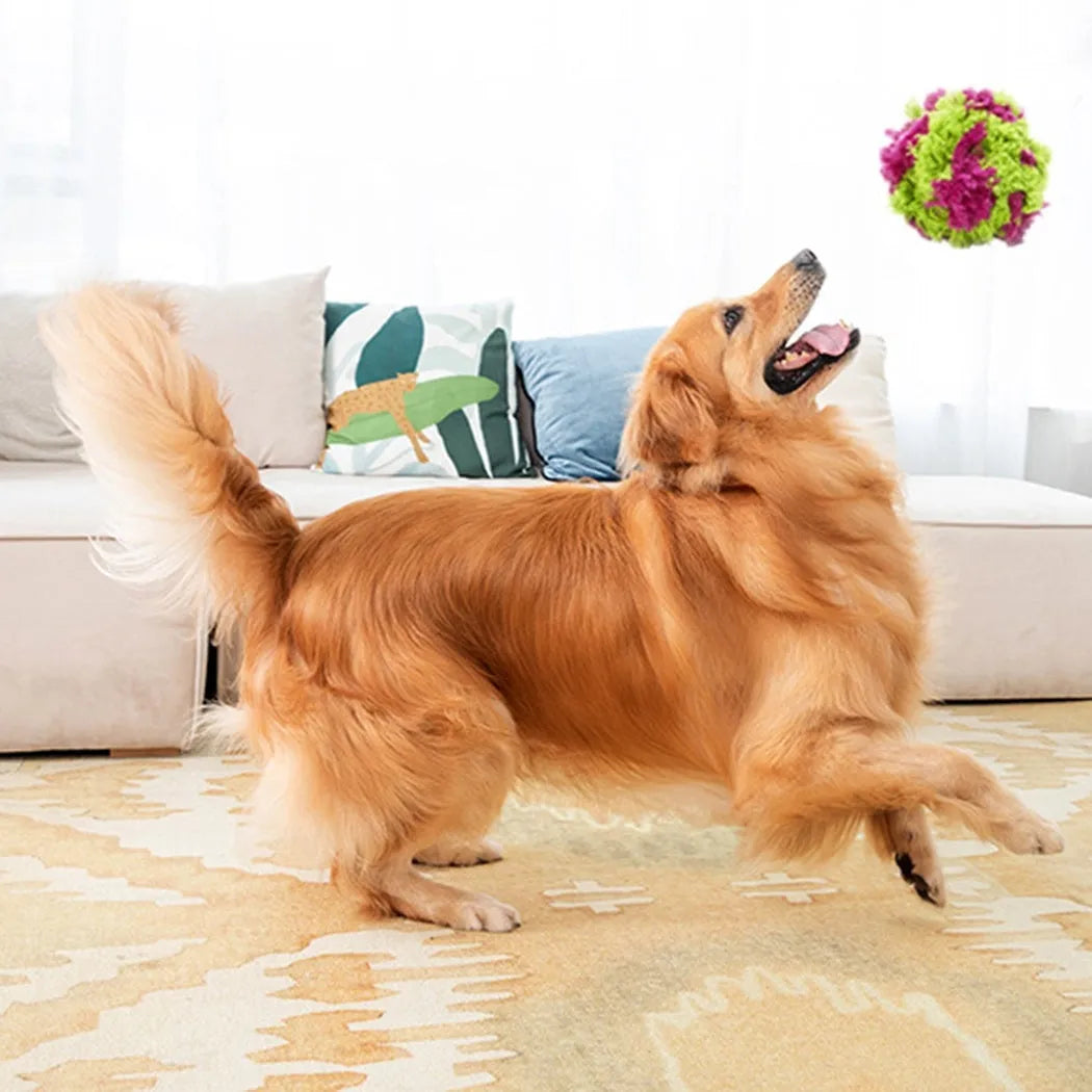 Purple plush seaweed ball dog chew toy measuring 15cm diameter for interactive play