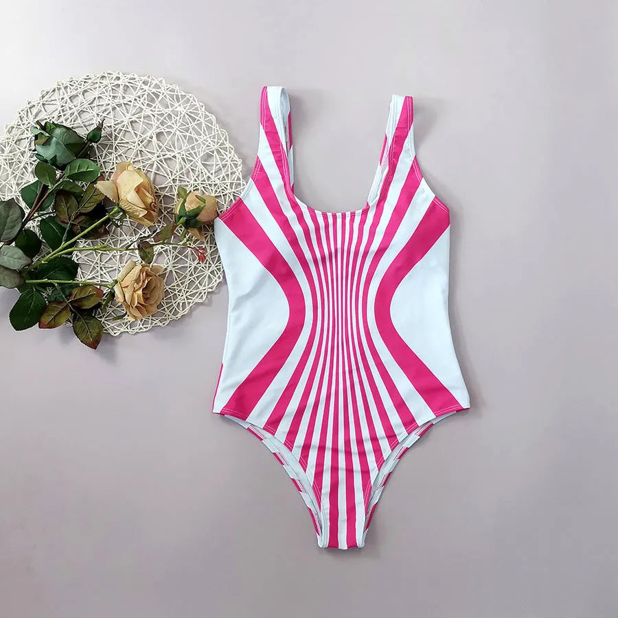 Women's pink striped one-piece swimsuit with digital printing on front and back.