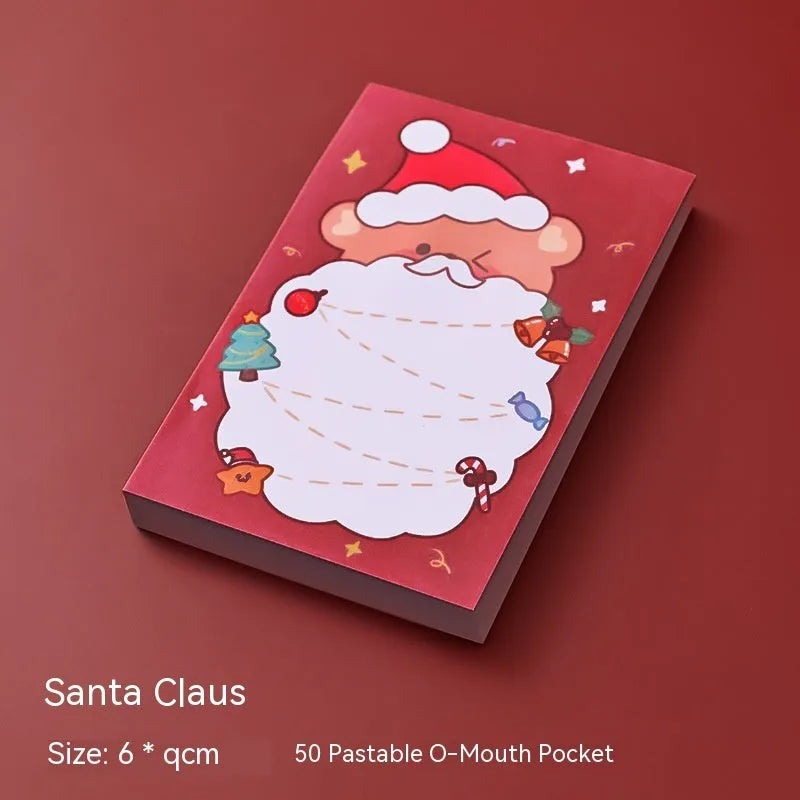 Christmas cartoon sticky notes set with Santa Claus, Elf, Snowman, Gift, Sled, House, Crystal Ball, and Christmas Bear designs