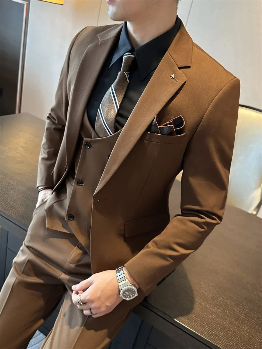 Men's slim fit business formal jacket in a chemical fibre blend fabric, shown in a dark green colour.