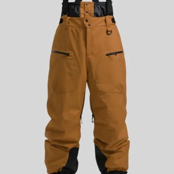 Men's adjustable strap waterproof ski trousers in black, brown, khaki, and navy blue colours.