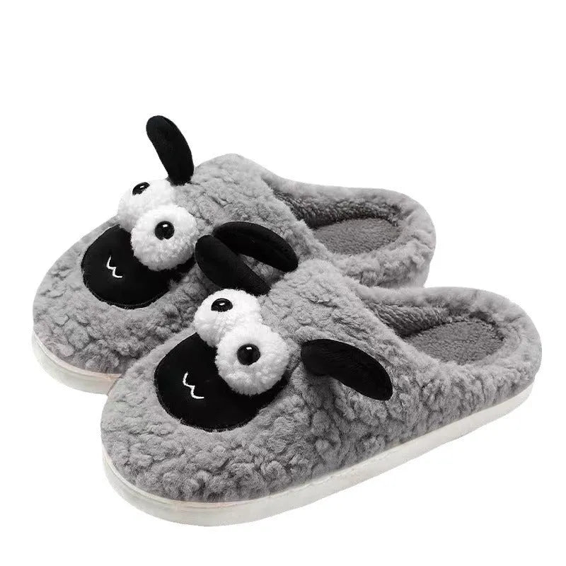 Brown lamb thermal cotton slip-on slippers for men and women on a white background.
