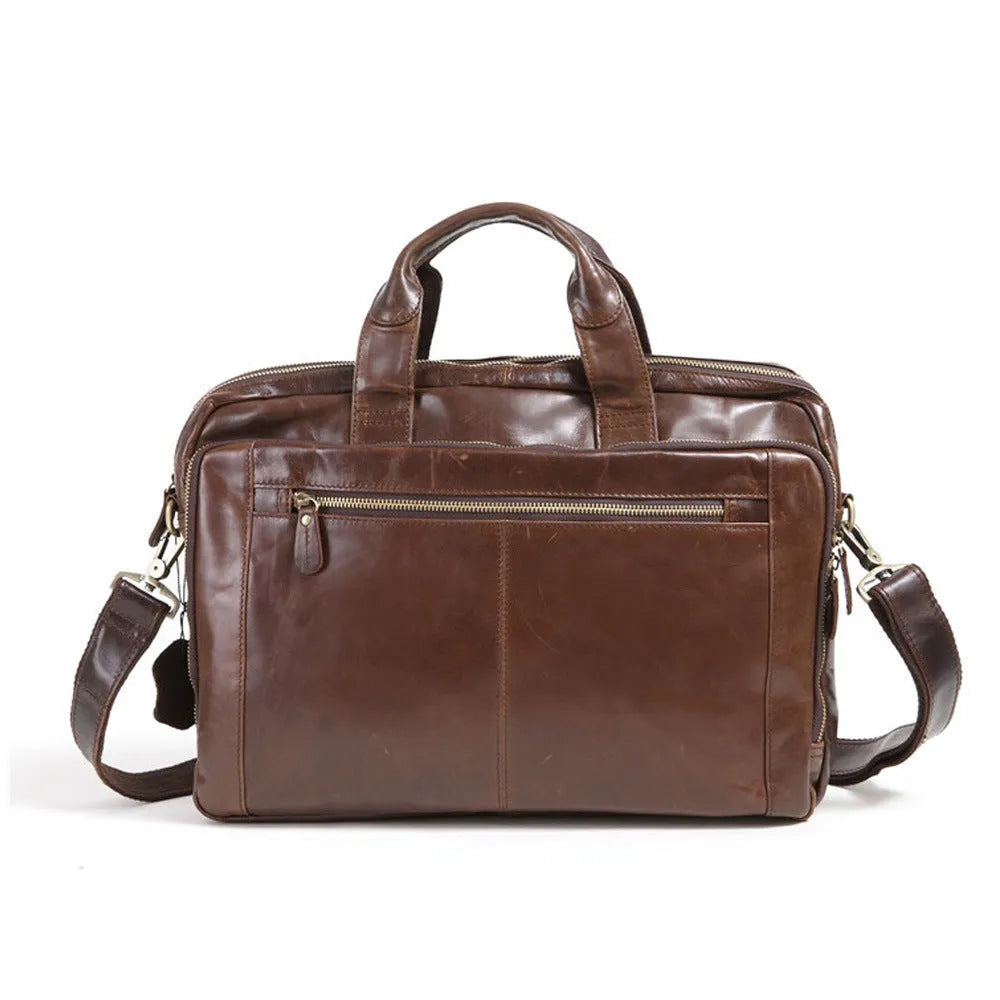 Brown first layer cowhide leather business briefcase, 18 inches in size.