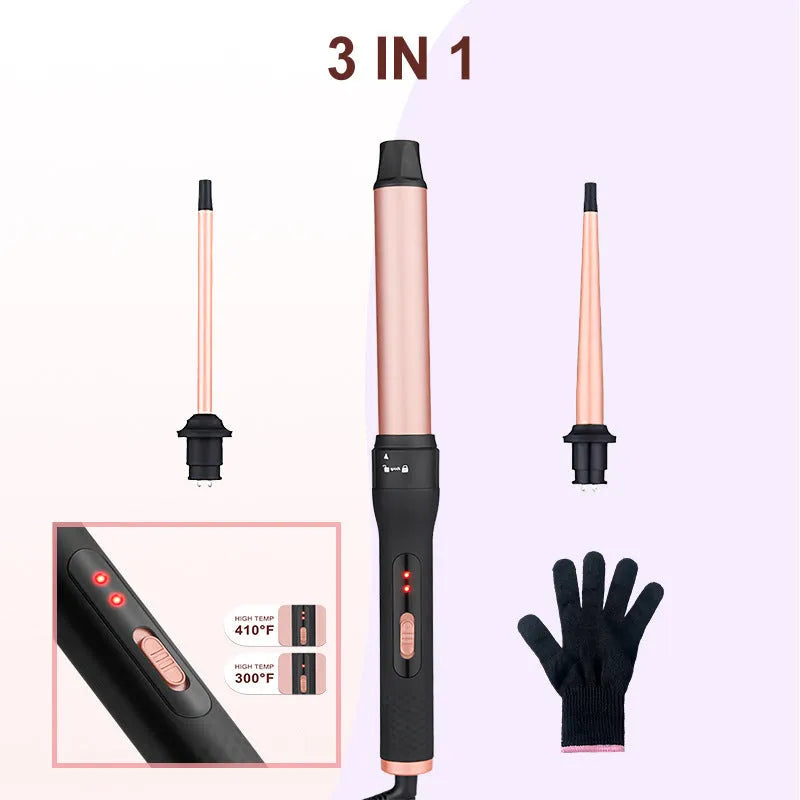 Three-tube water wave hair curler with multiple barrel attachments for styling curly and straight hair