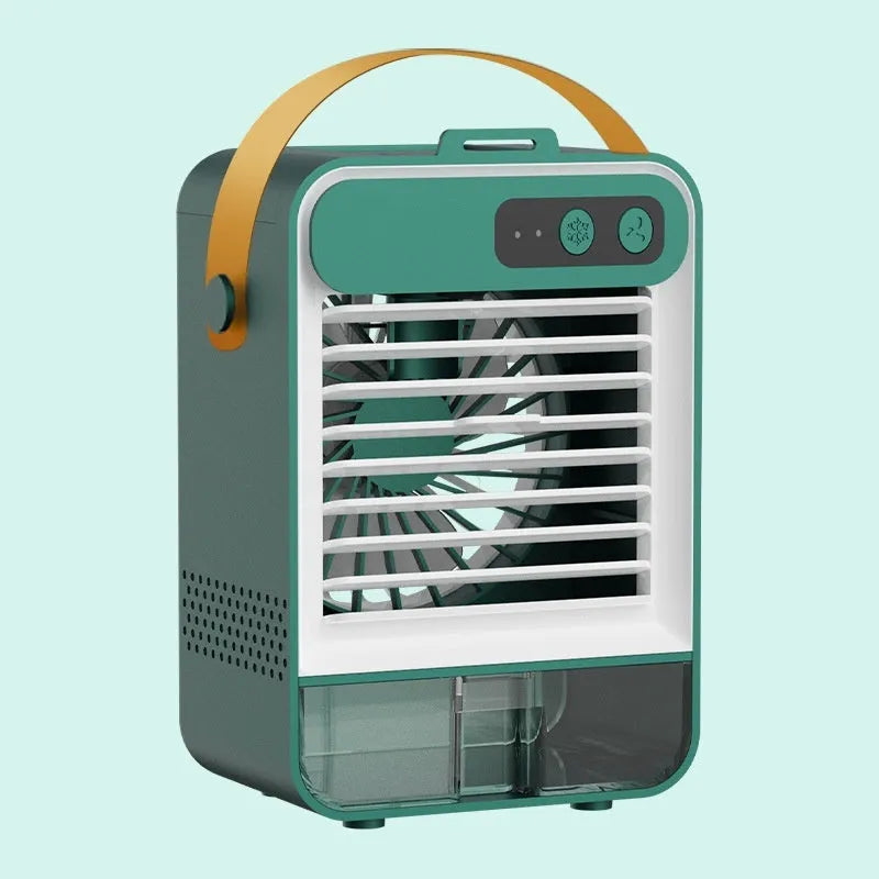 Dark green portable desk fan with USB port and lithium battery on office desk
