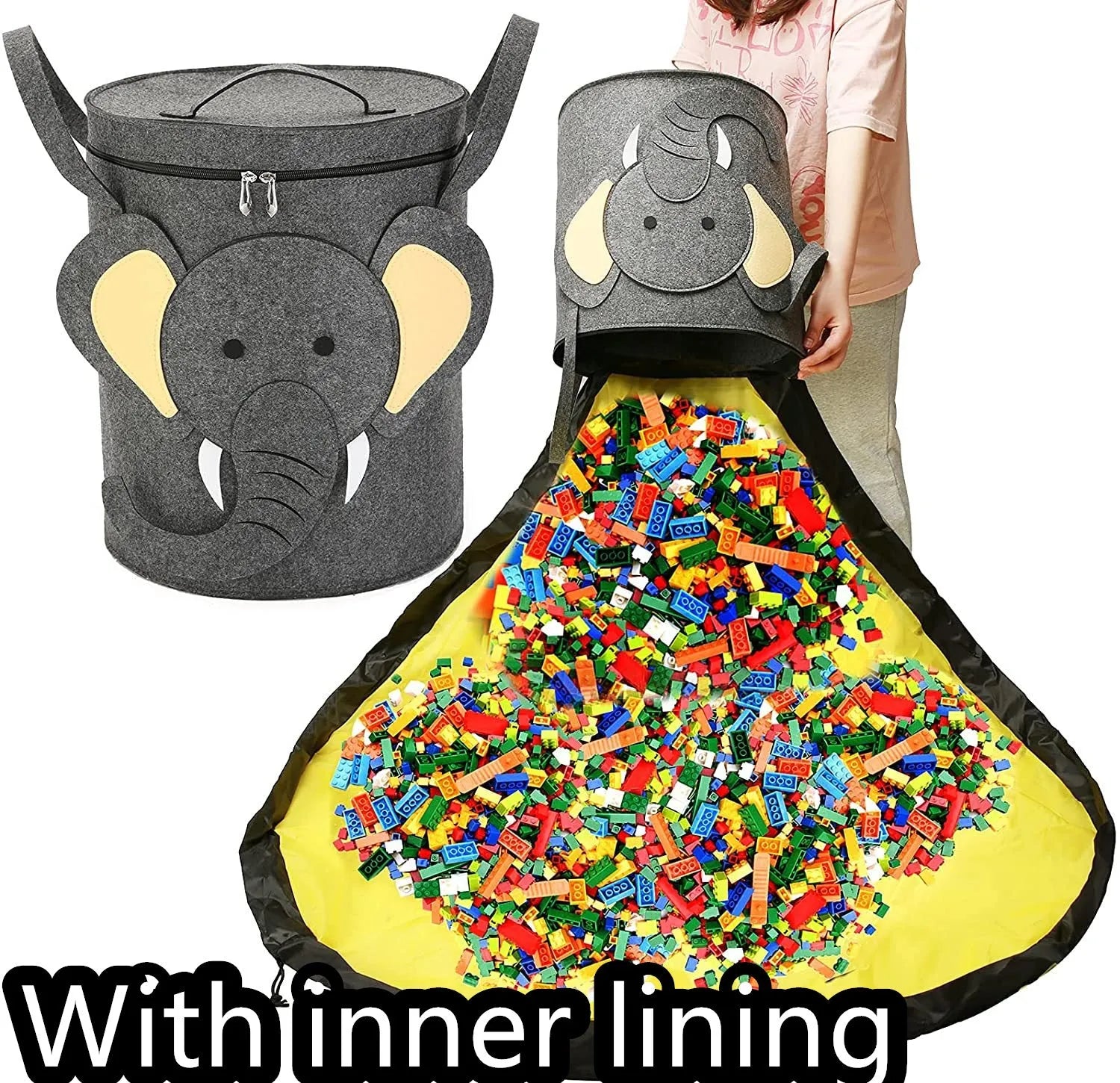 Green felt cube storage bag with pull rope that converts into a flat play mat for toys.