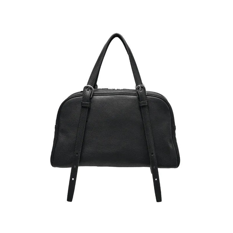 Women's retro genuine leather shoulder bag in horizontal square design with dual straps