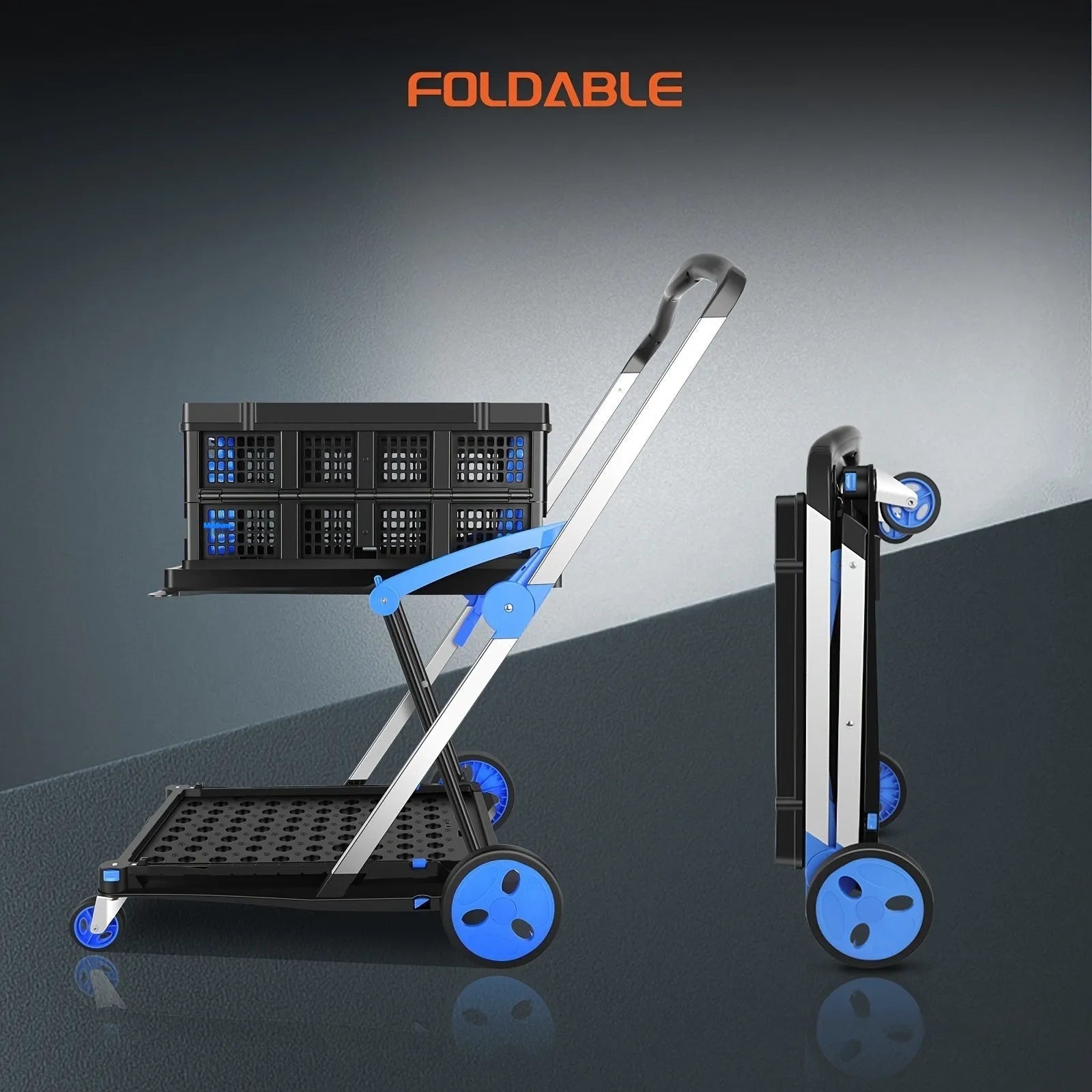 Personality foldable shopping cart with double baskets in blue, purple, pink, or red colours