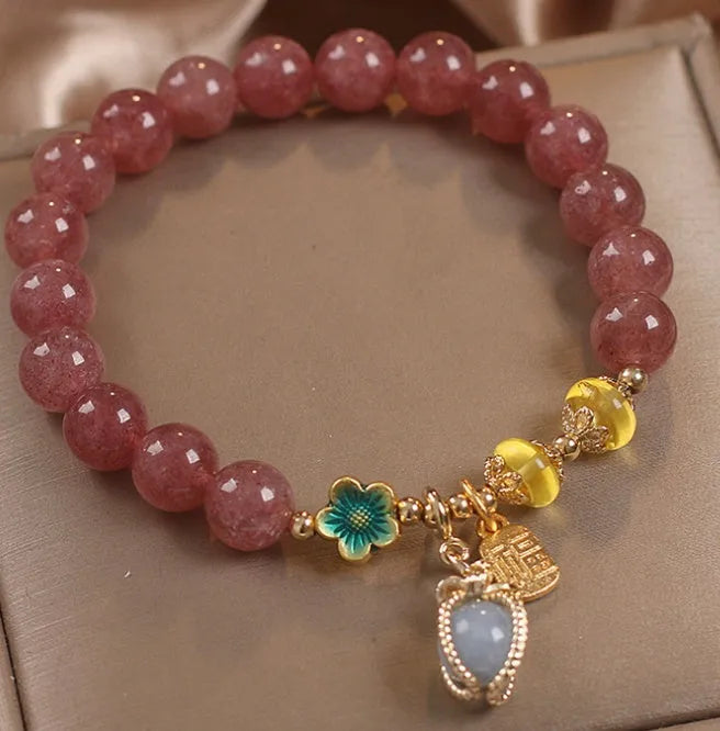 Red strawberry quartz beaded bracelet with alloy metal and rhinestone detailing for women's jewellery