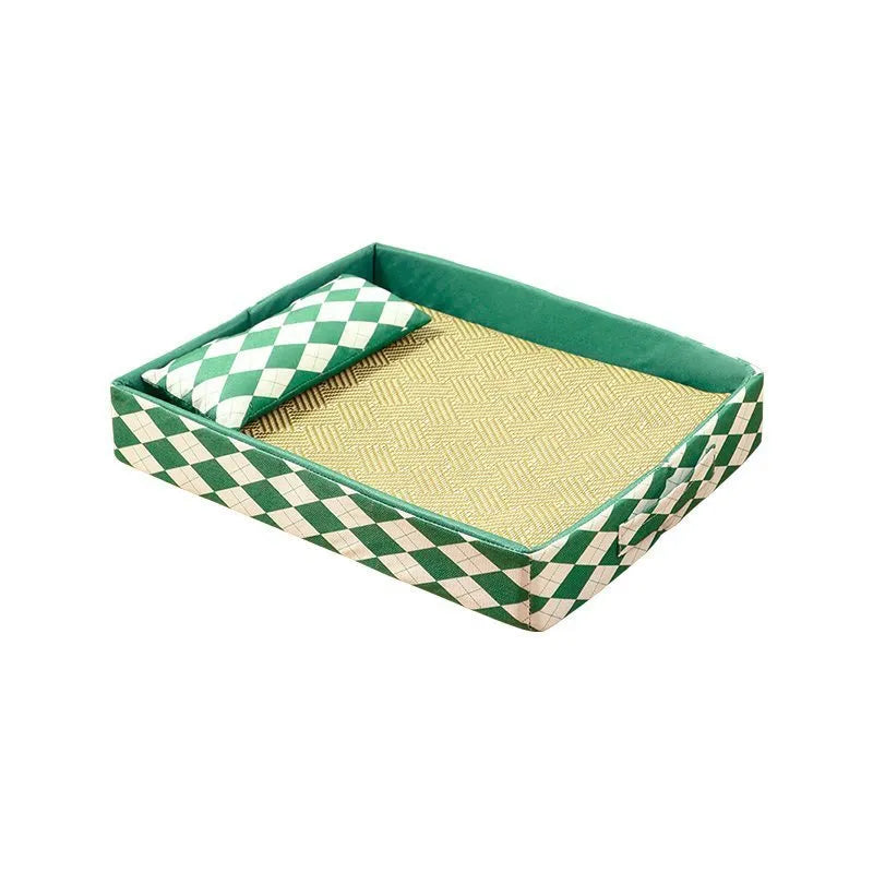 Blue woven rattan cat cooling mat with anti-slip backing placed on a wooden floor.