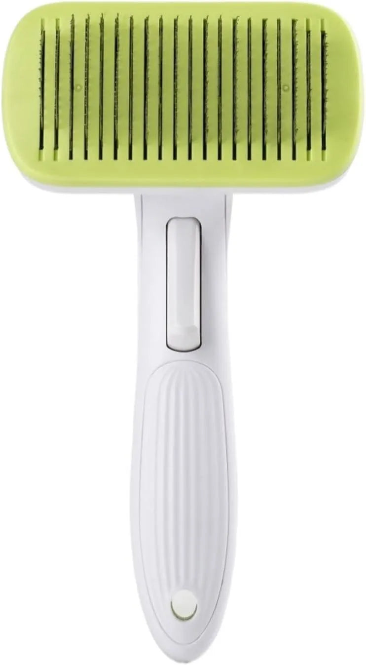 Automatic pet hair removal comb in blue, measuring 10.7cm by 19.5cm.