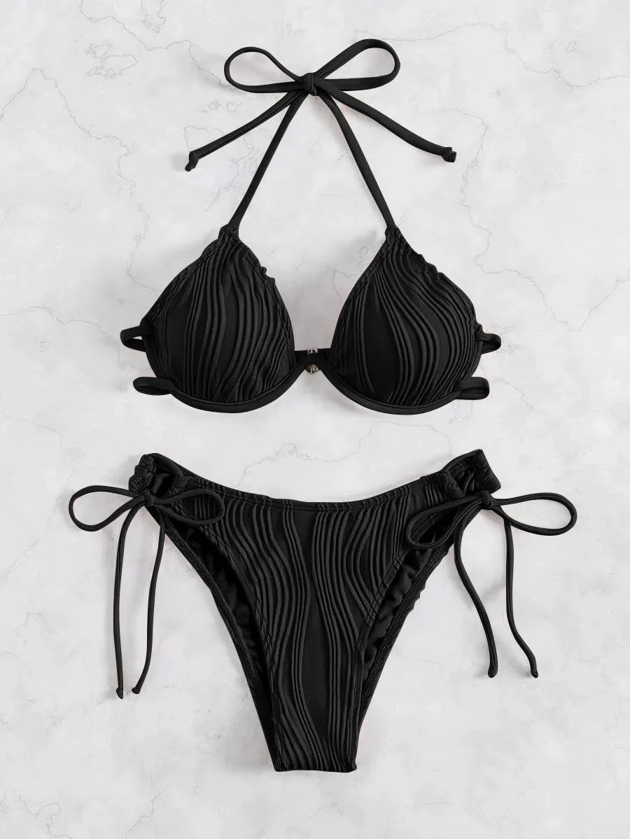 Women's steel bracket underwire bikini swimsuit in polyester fabric with nine colour options