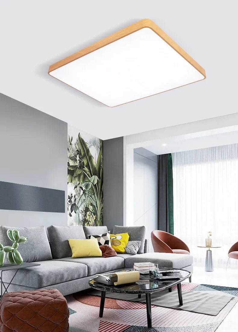 Square Nordic style LED ceiling light with wood grain frame in three size options on white background