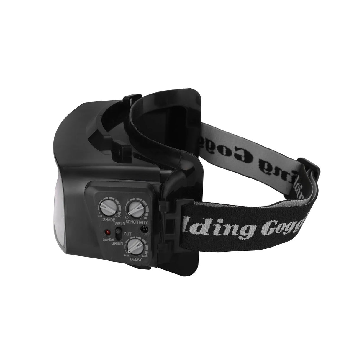 Black automatic darkening welding mask with large viewing window and adjustable controls