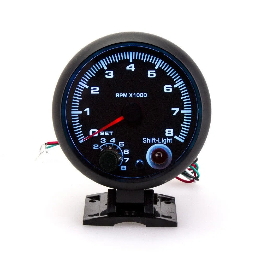Black automotive tachometer with blue light pointer display and 95mm plastic housing