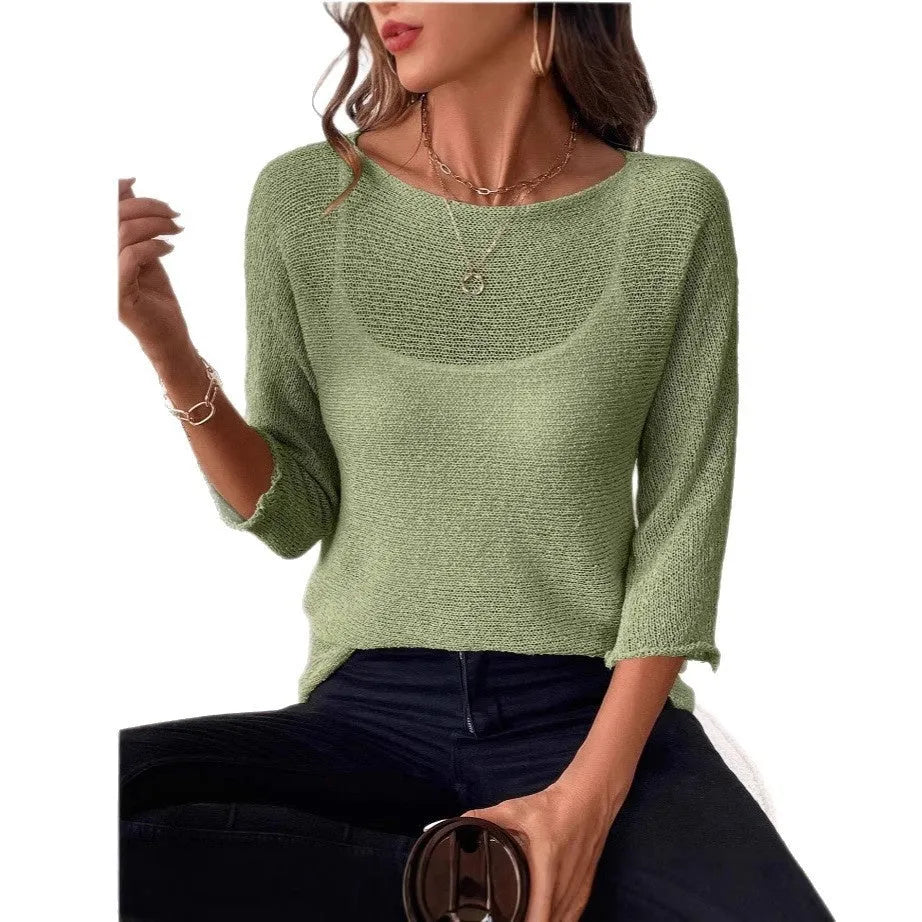Women's off-shoulder knit top in thin polyester fabric with 3D pattern and 3/4 sleeves.
