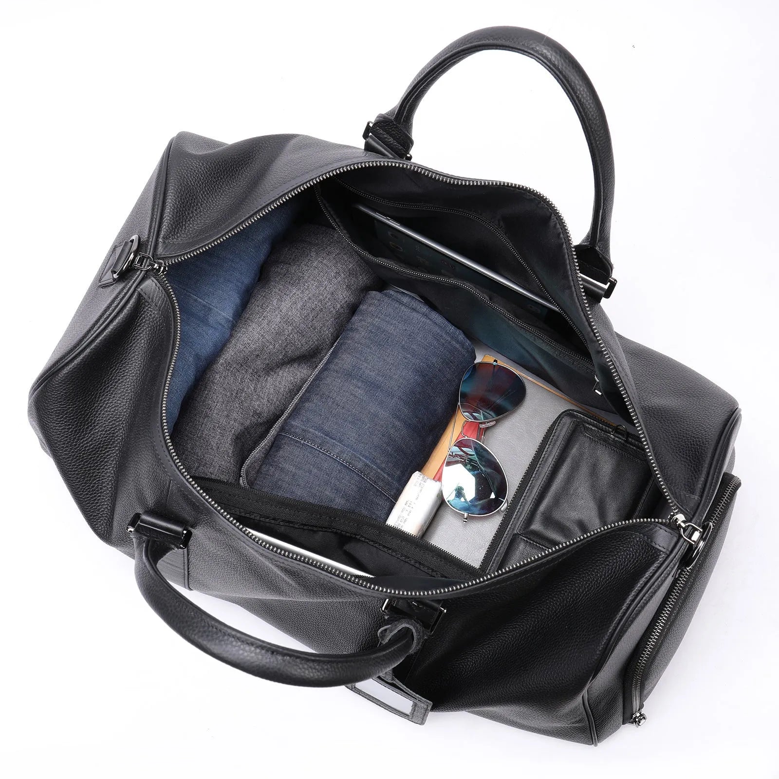Men's leather excursion travel bag in black or coffee colour with single shoulder strap