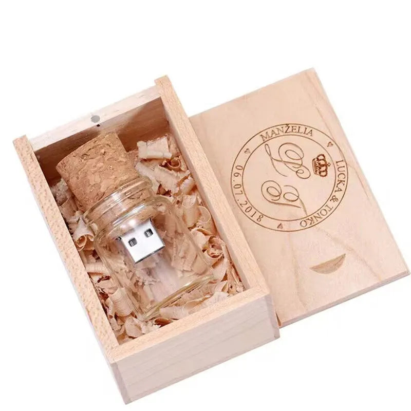 Transparent wooden drift bottle design USB flash drive showing internal components