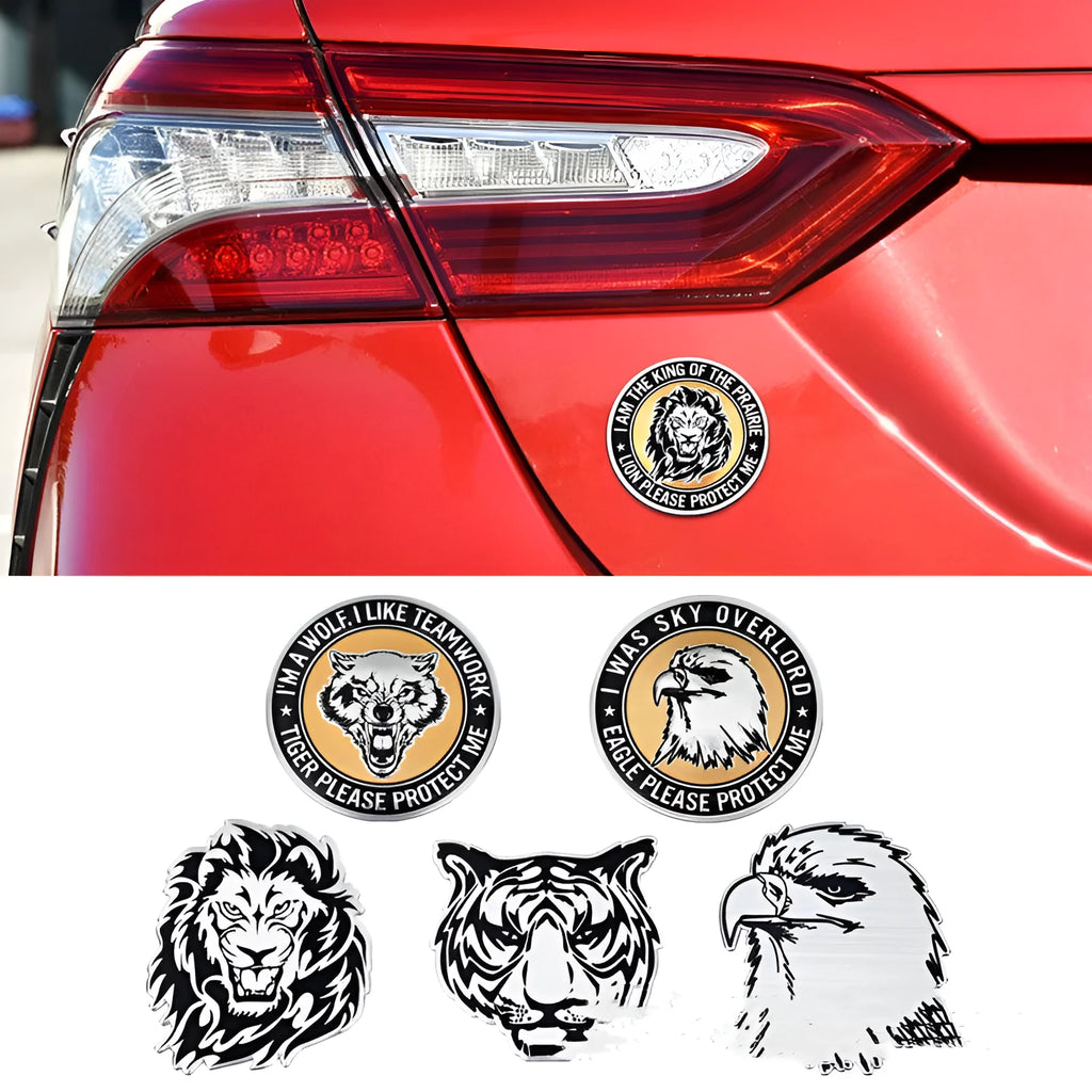 Aluminium car sticker showing metallic animal design options including circular and traditional patterns