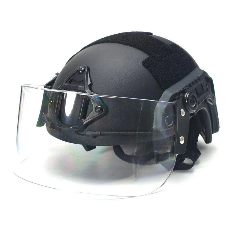 Transparent polycarbonate helmet-mounted face shield with guide rail attachment