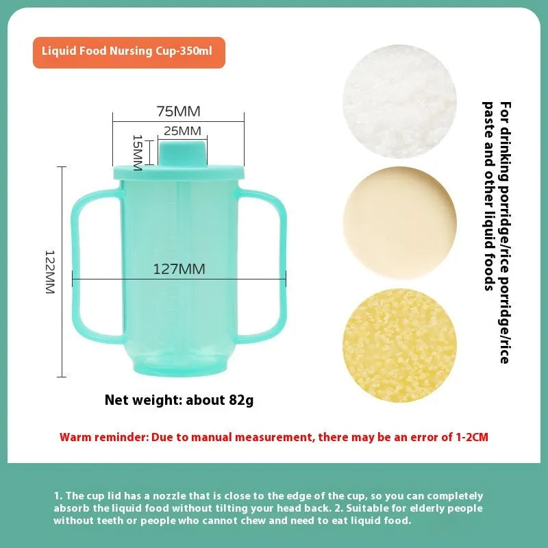 Adult care bed drinking cup with handle and lid, shown in oblique mouth choke proof style