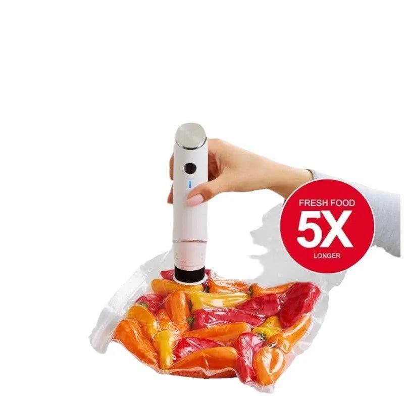 White USB portable vacuum sealer pump with five 26x28cm plastic zipper food storage bags