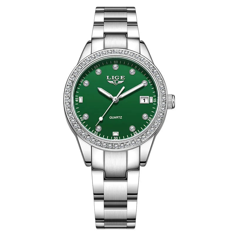 Fashion girl quartz watch with stainless steel case, luminous dial, and spiral crown in silver colour options