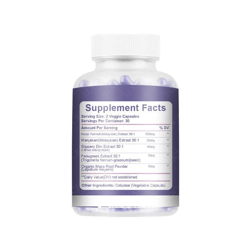 Bottle containing 60 vaginal capsules for adult intimate care with extract-based formula