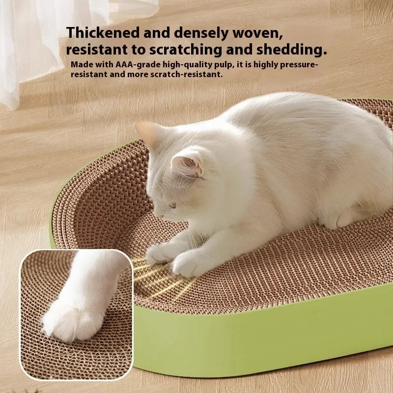 Oval shaped cat scratch board made of corrugated paper in green or purple, 55cm diameter