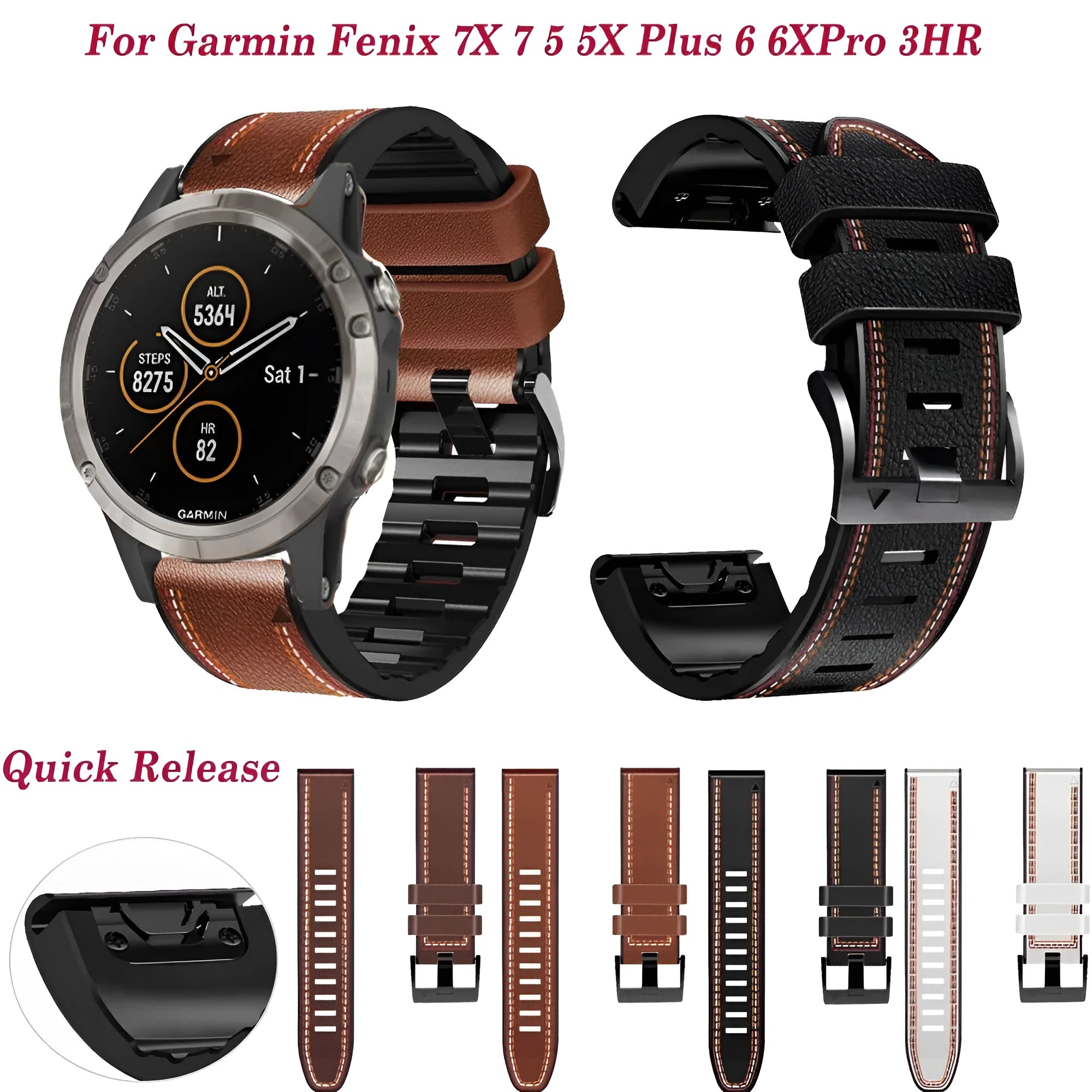 Silicone leather quick release watchband for Garmin Fenix smartwatches in 22mm and 26mm sizes