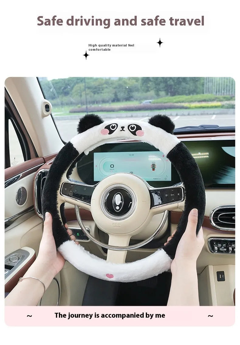 Winter steering wheel cover with plush thermal material and cartoon animal embroidery in 38cm diameter