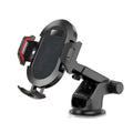Auto-lock car phone holder in black with grey trim mounted on car air vent holding a smartphone