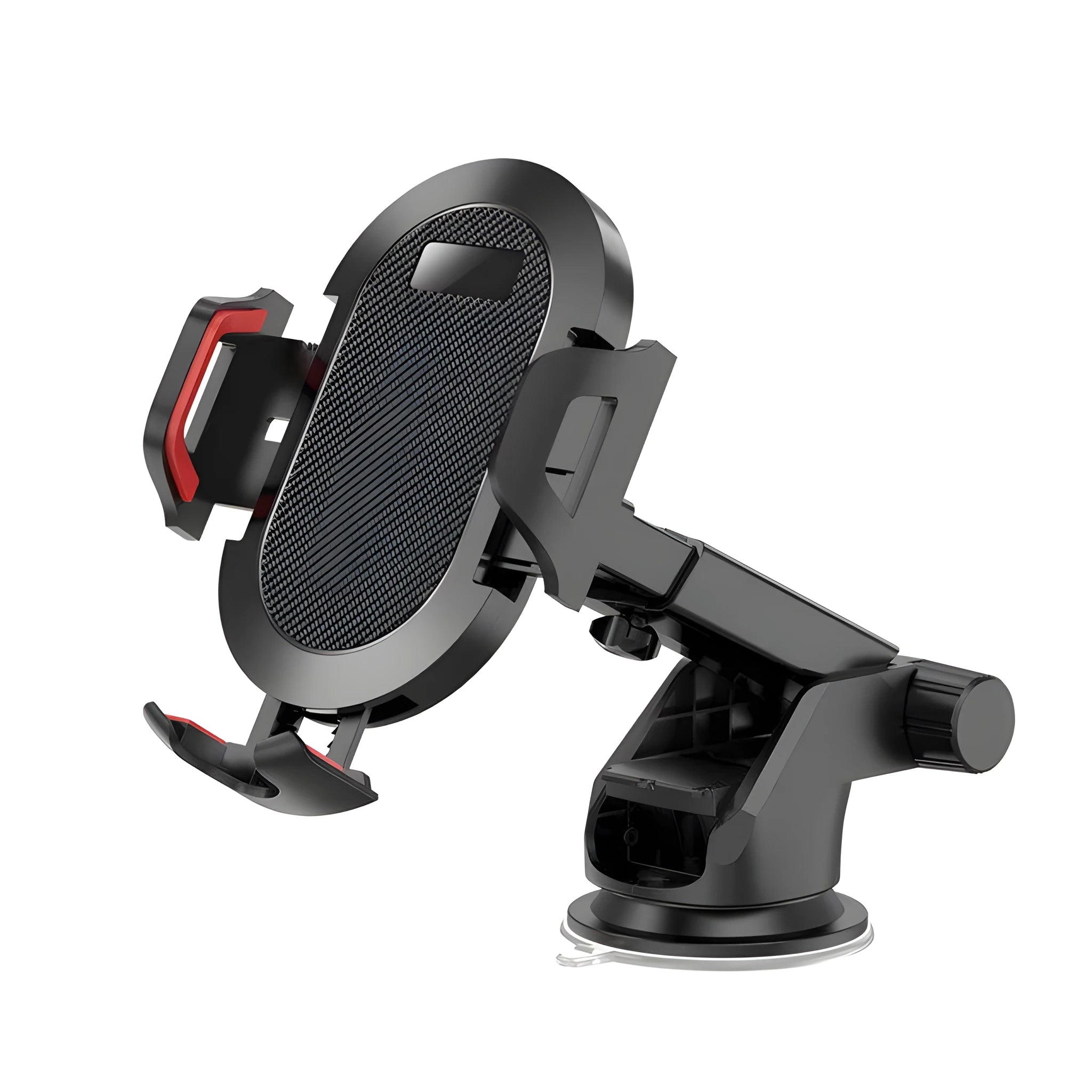 Auto-lock car phone holder in black with grey trim mounted on car air vent holding a smartphone