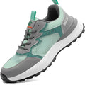 Green low-top work shoes with mesh panels, plastic steel toe cap, and slip-on design.