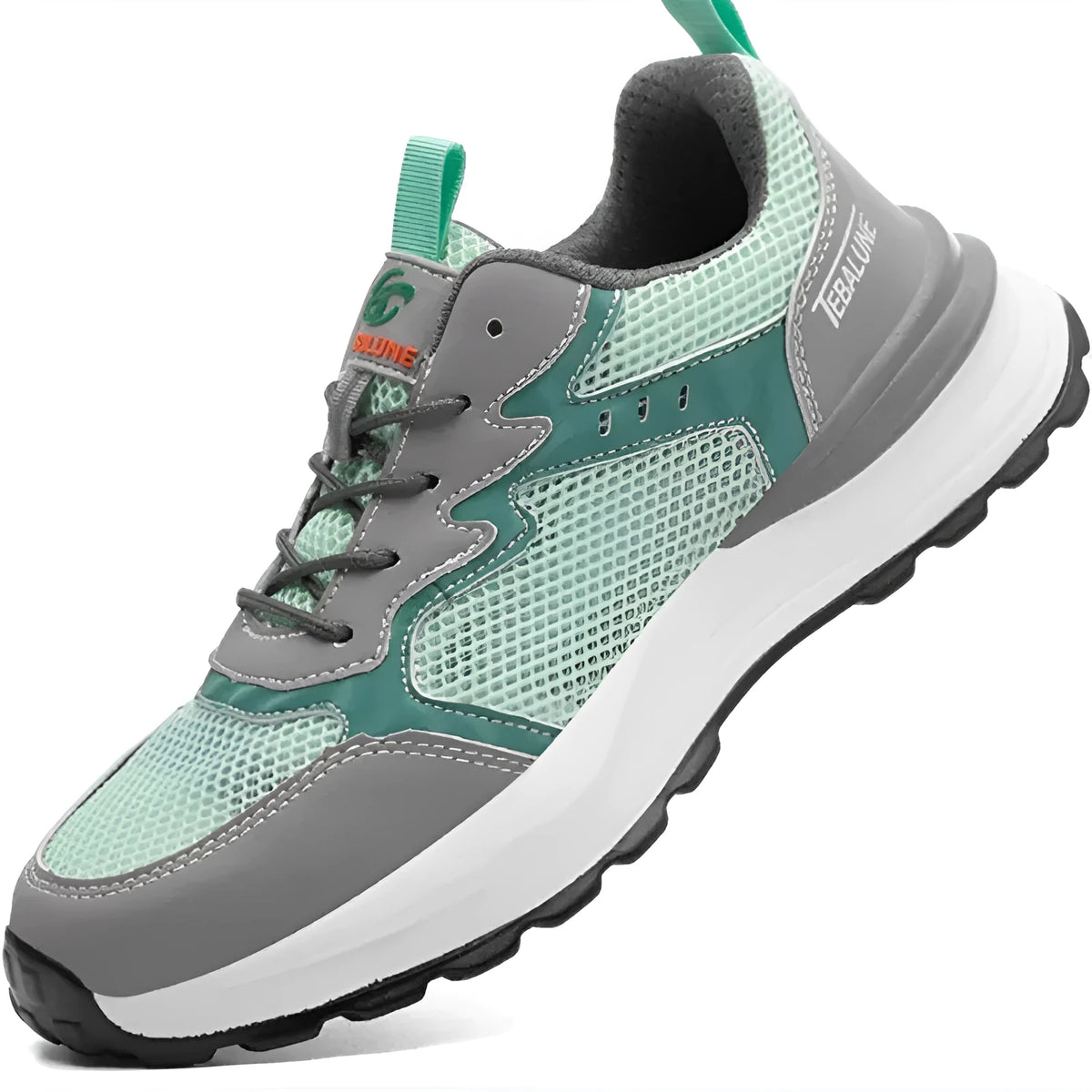 Green low-top work shoes with mesh panels, plastic steel toe cap, and slip-on design.