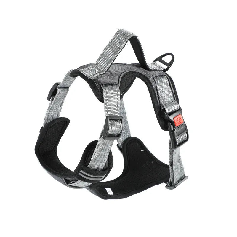 Adjustable polyester dog chest harness in multiple colours with optional hand-holding rope attached.