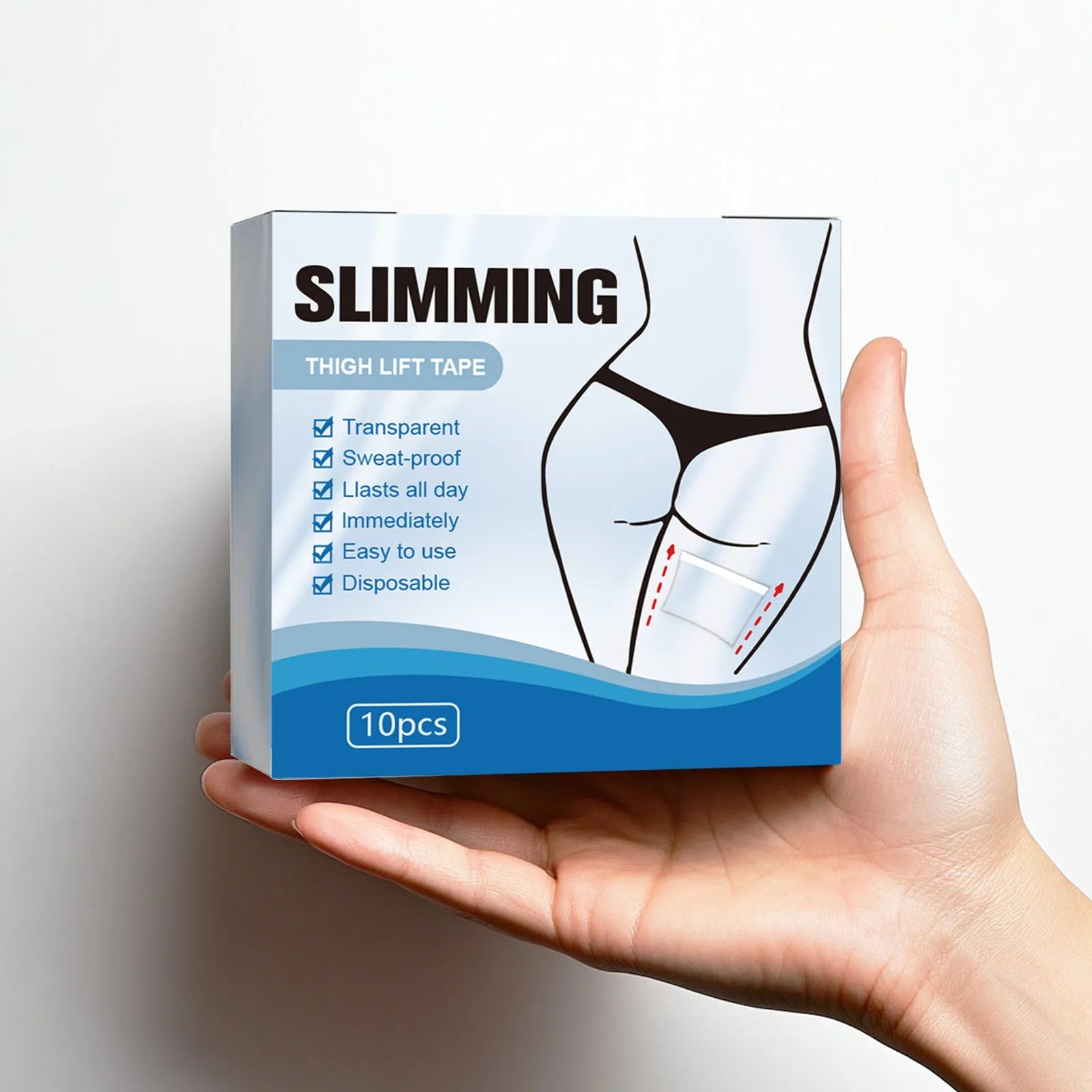 Box of 10 body shaping stickers showing one 12cm x 12cm patch with adhesive backing