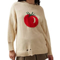 Beige women's loose-fitting acrylic sweater with a round neck and textured Jacquard knit pattern.