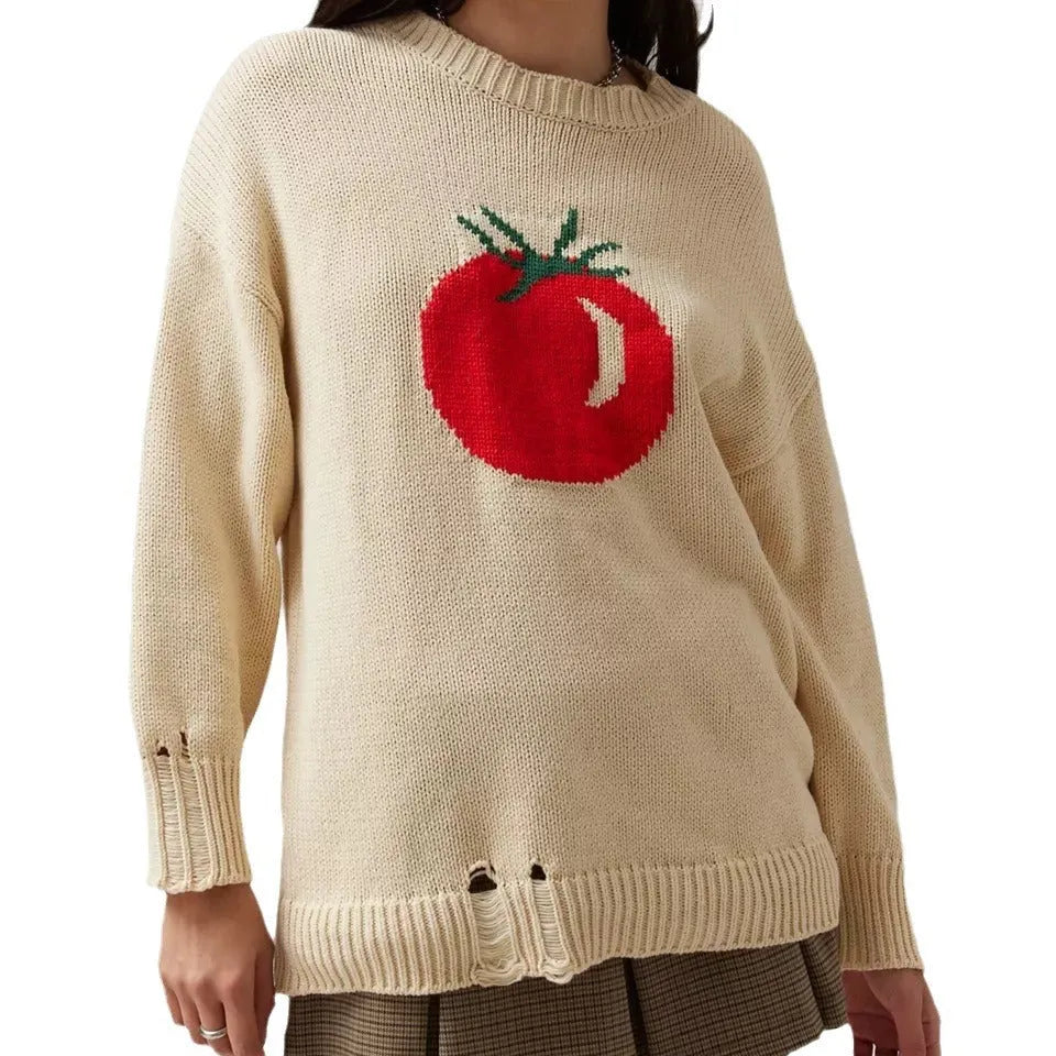Beige women's loose-fitting acrylic sweater with a round neck and textured Jacquard knit pattern.