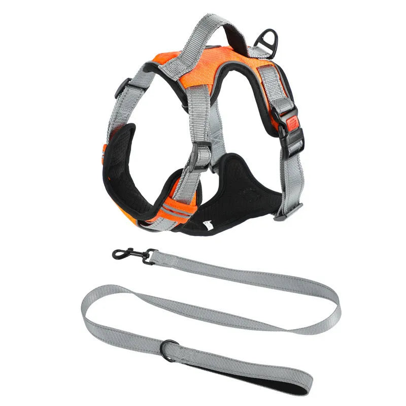 Adjustable polyester dog chest harness in multiple colours with optional hand-holding rope attached.