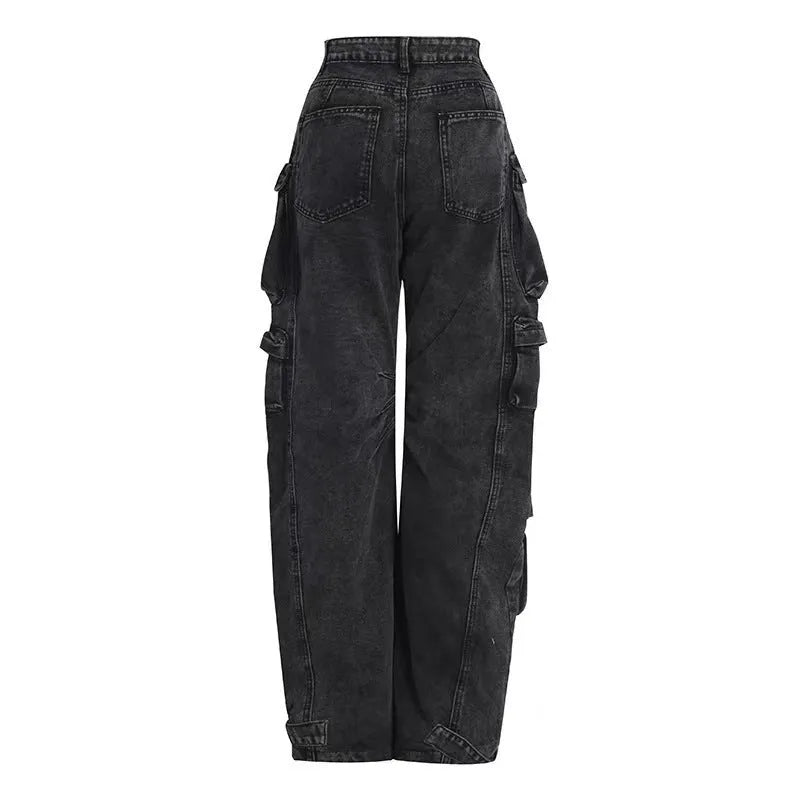 Women's blue tie-dyed high-waist wide-leg jeans with multiple pockets on a neutral background