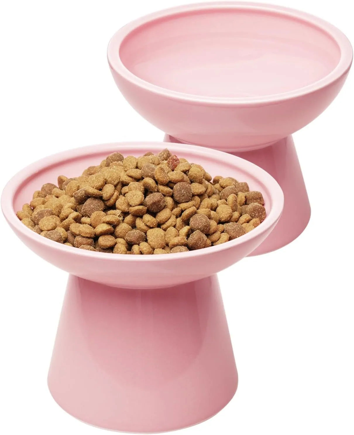 Ceramic elevated cat food and water bowls in blue, green, pink, and white colours