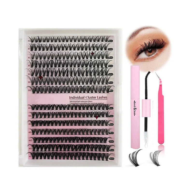 DIY cluster false eyelashes mixed package showing 30D and 40D densities in 9-16mm lengths with tweezers