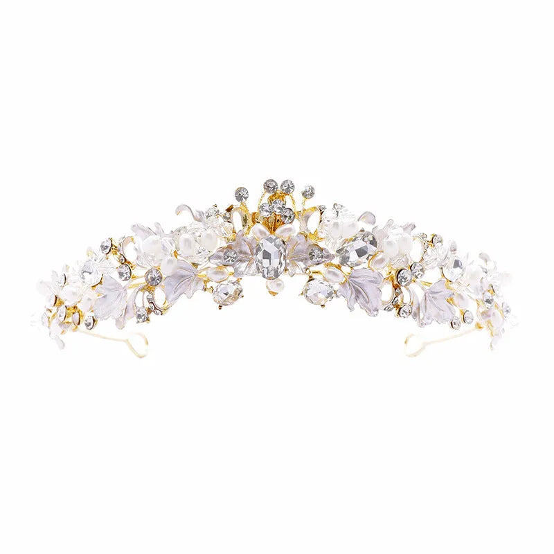 Gold or silver alloy crown headdress with pearl decorations for women's formal events