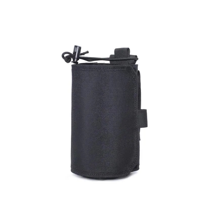 Adjustable black Oxford cloth heat-holding cover stretched over a water bottle